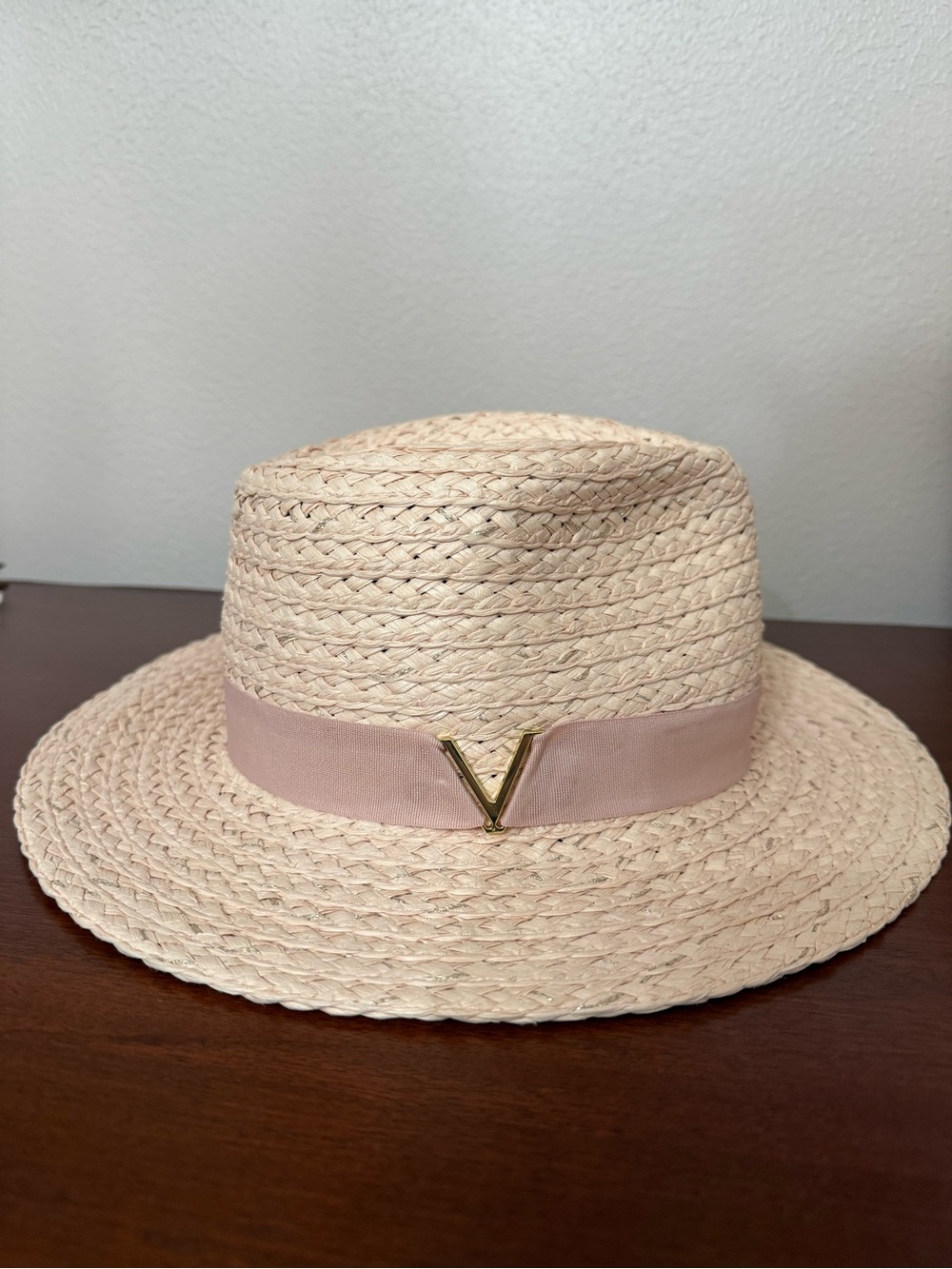 Light Pink and Metallic Straw Panama Hat with Pink Band and Gold V Accent